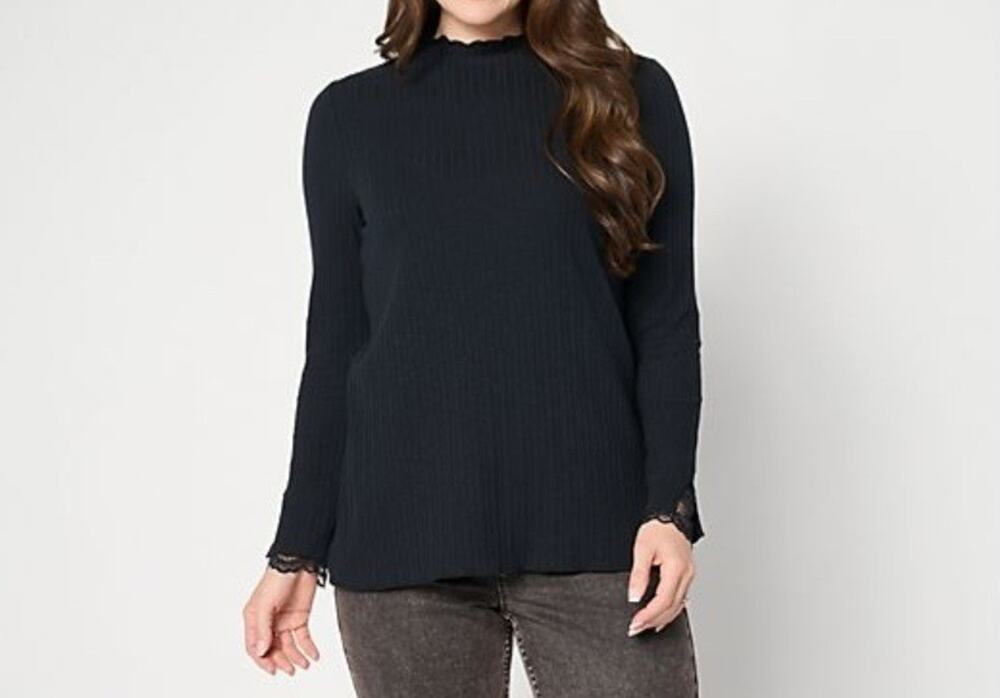 Logo Lori Goldstein Size XS Black Mock Neck Ribbed Knit With Lace A713190 NWOT